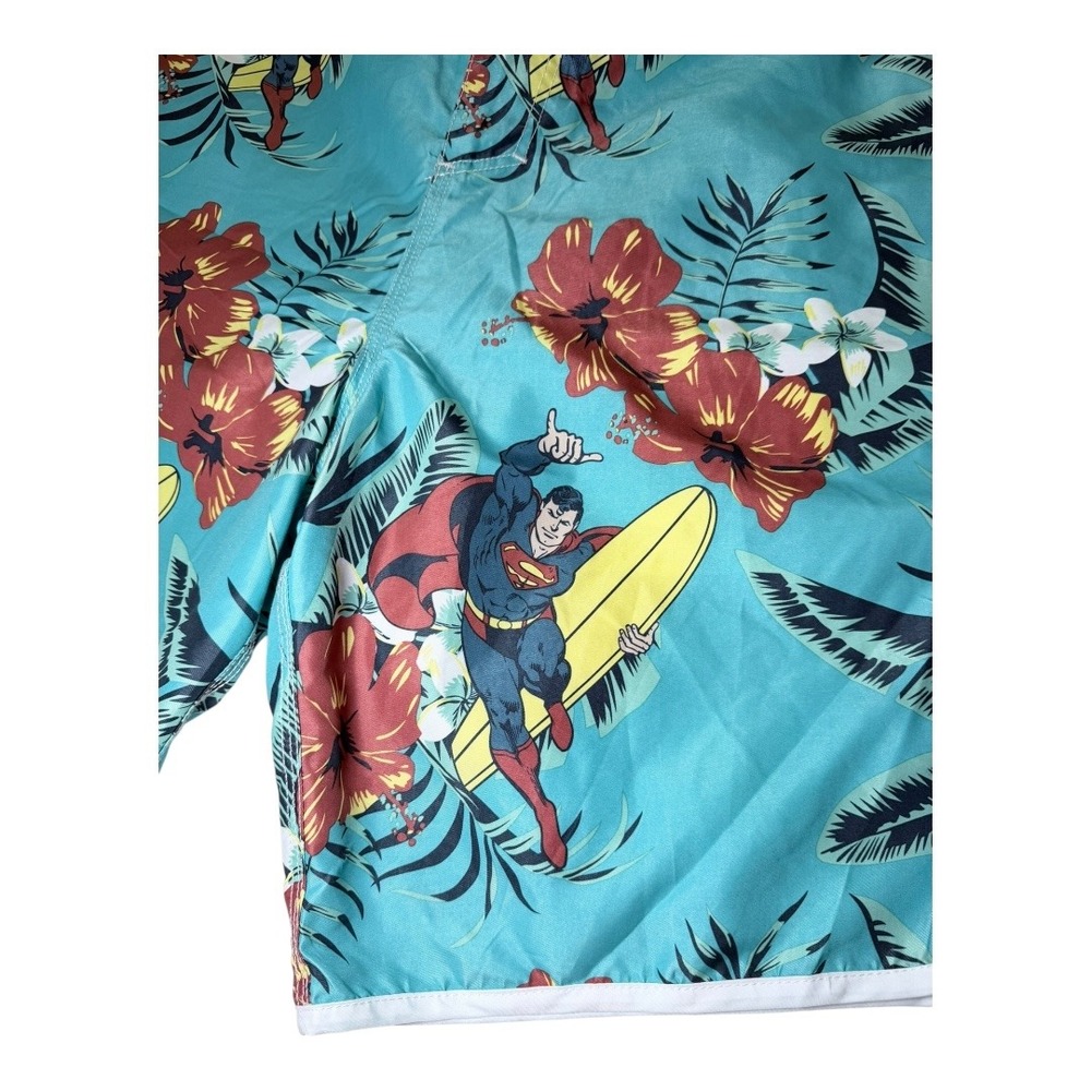 Superman Swim Trunks Mens XXL Blue Tropical Hibiscus Surfing Board Shorts - Picture 2 of 11
